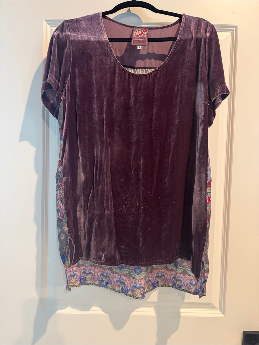 Johnny Was Plum Velvet Short-Sleeve Tunic with Multicolor Hem